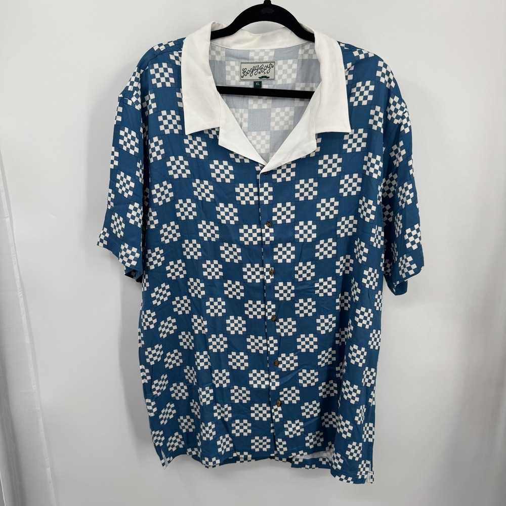 Bogey Boys Golf Camp Collar Shirt‎ Blue White Checkerboard Men's XL Retro Mod